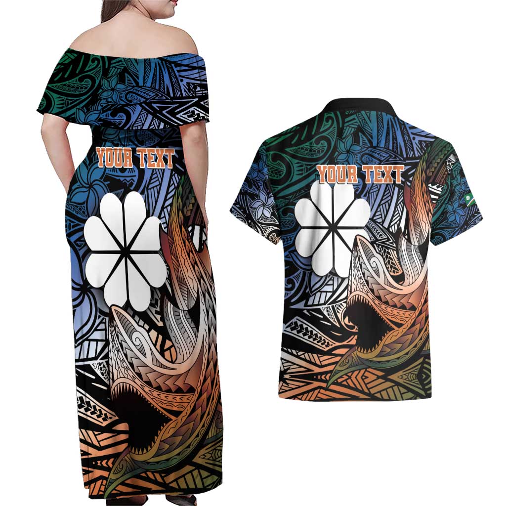 Personalised Kwajalein Atoll Couples Matching Off Shoulder Maxi Dress and Hawaiian Shirt Polynesian Shark Tattoo Gradient Vibes LT14 - Polynesian Pride