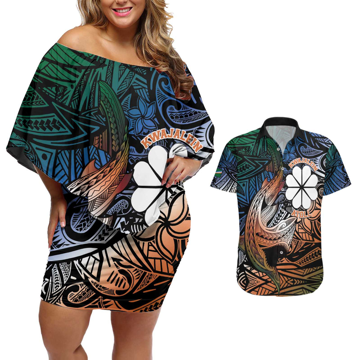 Personalised Kwajalein Atoll Couples Matching Off Shoulder Short Dress and Hawaiian Shirt Polynesian Shark Tattoo Gradient Vibes LT14 Black - Polynesian Pride