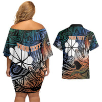 Personalised Kwajalein Atoll Couples Matching Off Shoulder Short Dress and Hawaiian Shirt Polynesian Shark Tattoo Gradient Vibes LT14 - Polynesian Pride