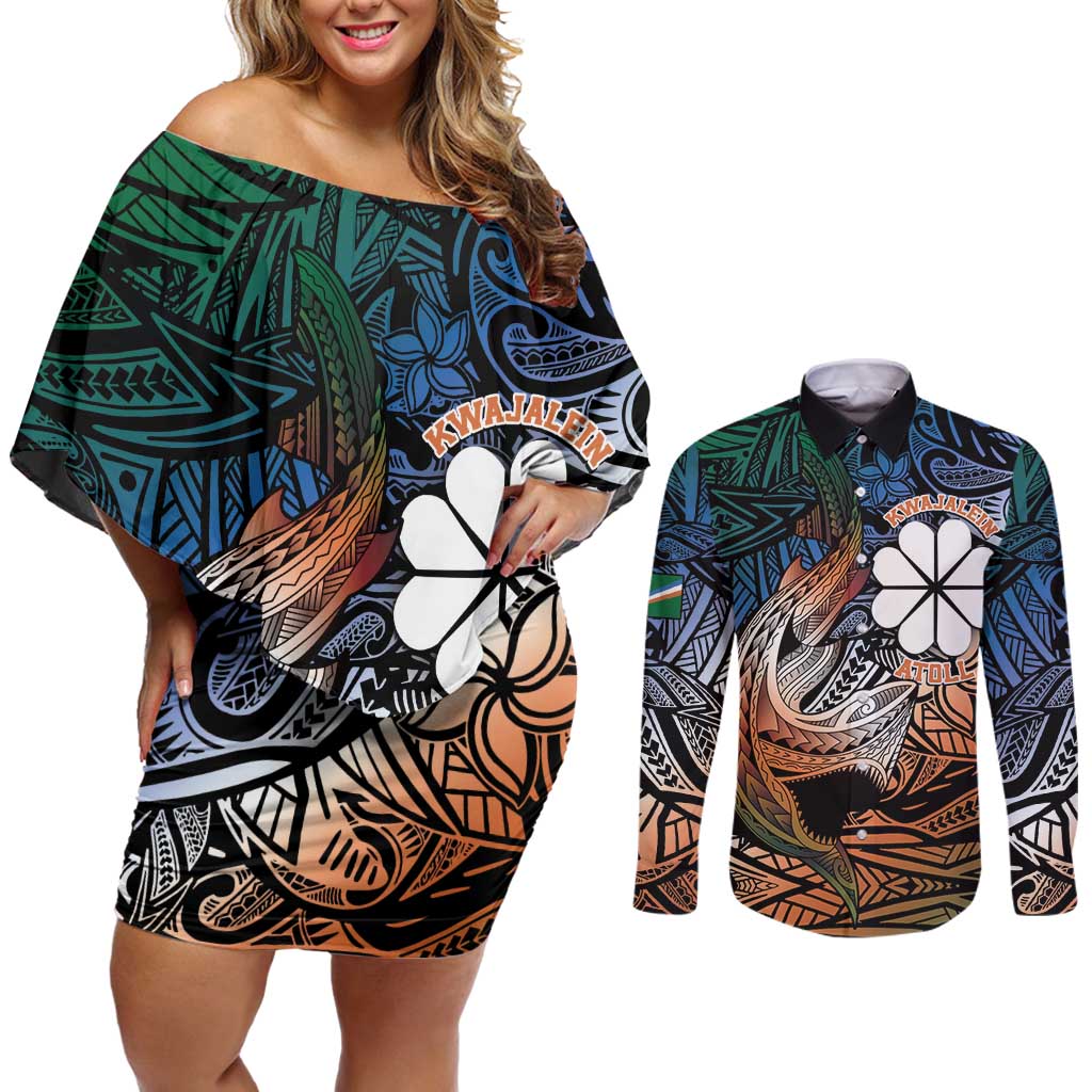 Personalised Kwajalein Atoll Couples Matching Off Shoulder Short Dress and Long Sleeve Button Shirt Polynesian Shark Tattoo Gradient Vibes LT14 Black - Polynesian Pride