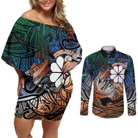 Personalised Kwajalein Atoll Couples Matching Off Shoulder Short Dress and Long Sleeve Button Shirt Polynesian Shark Tattoo Gradient Vibes LT14 Black - Polynesian Pride