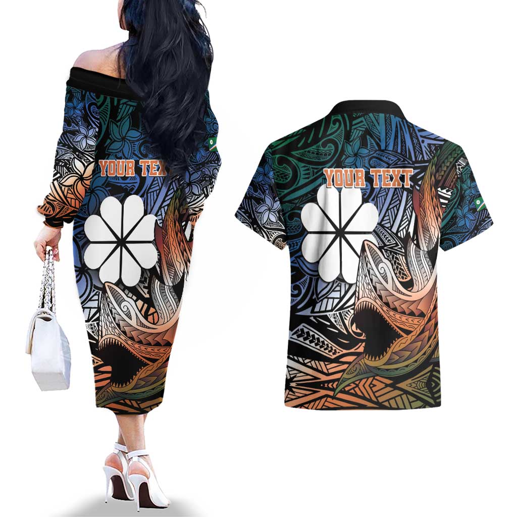 Personalised Kwajalein Atoll Couples Matching Off The Shoulder Long Sleeve Dress and Hawaiian Shirt Polynesian Shark Tattoo Gradient Vibes LT14 - Polynesian Pride
