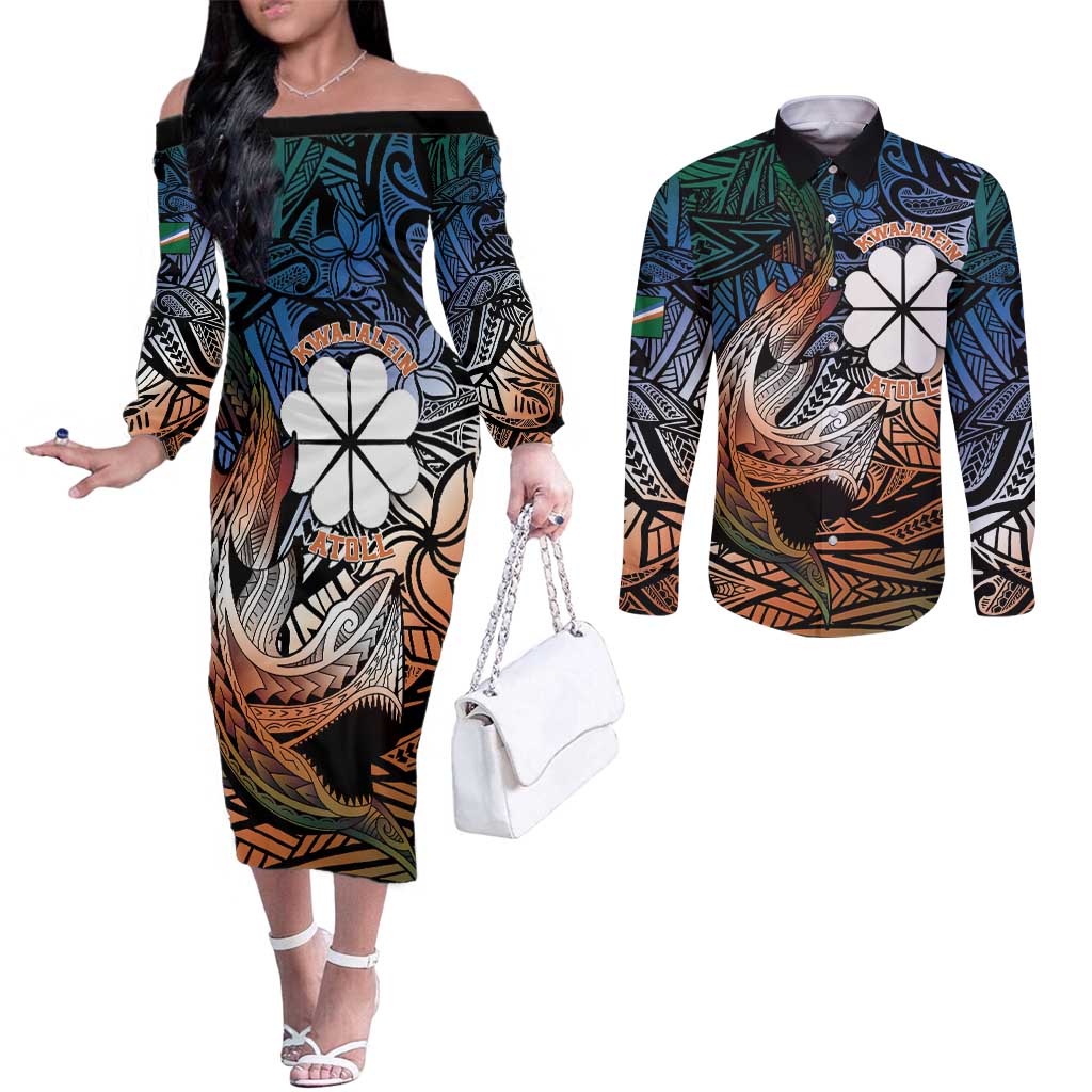 Personalised Kwajalein Atoll Couples Matching Off The Shoulder Long Sleeve Dress and Long Sleeve Button Shirt Polynesian Shark Tattoo Gradient Vibes LT14 Black - Polynesian Pride