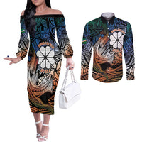 Personalised Kwajalein Atoll Couples Matching Off The Shoulder Long Sleeve Dress and Long Sleeve Button Shirt Polynesian Shark Tattoo Gradient Vibes LT14 Black - Polynesian Pride
