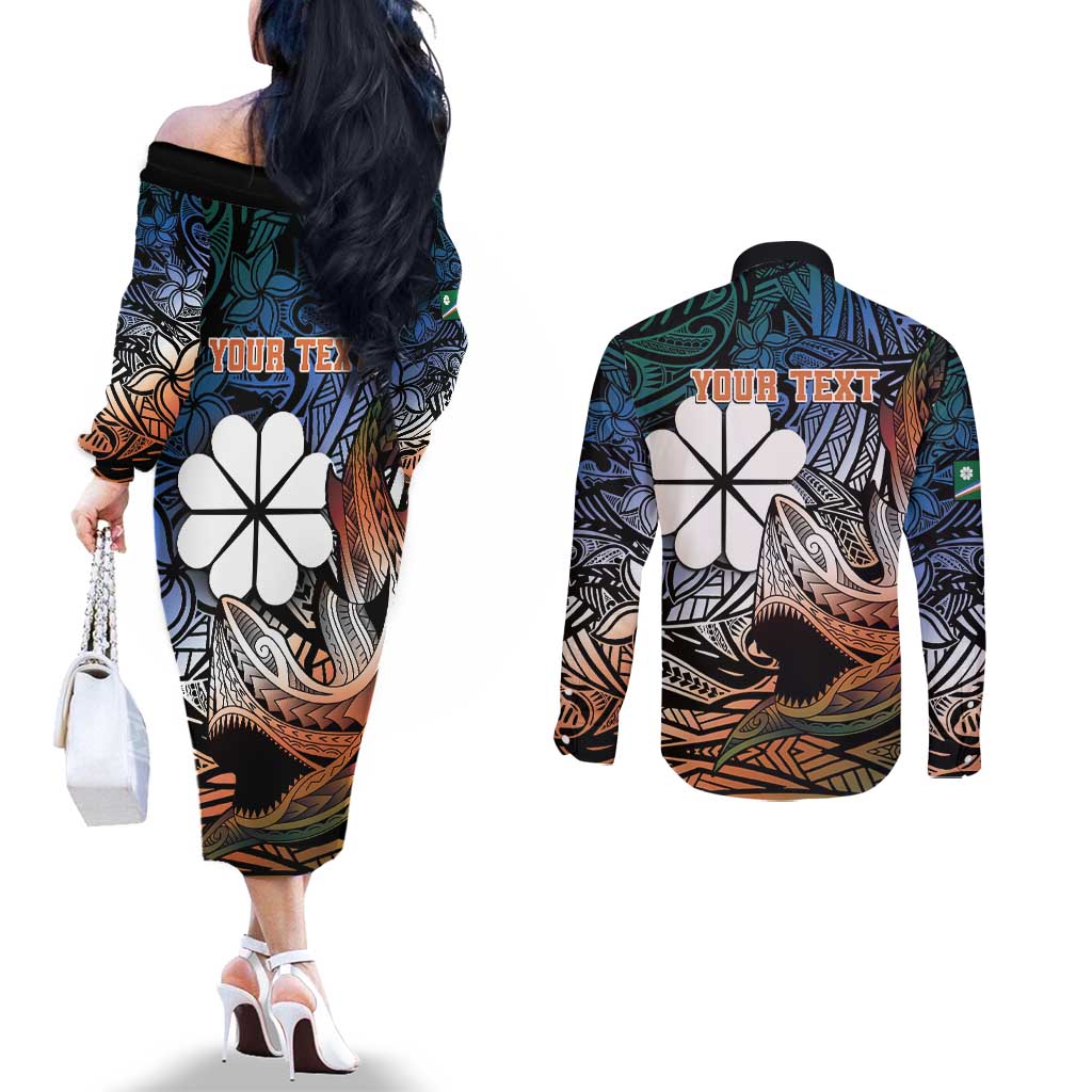 Personalised Kwajalein Atoll Couples Matching Off The Shoulder Long Sleeve Dress and Long Sleeve Button Shirt Polynesian Shark Tattoo Gradient Vibes LT14 - Polynesian Pride