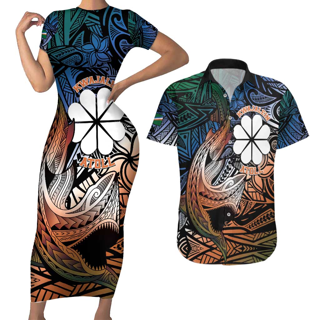 Personalised Kwajalein Atoll Couples Matching Short Sleeve Bodycon Dress and Hawaiian Shirt Polynesian Shark Tattoo Gradient Vibes LT14 Black - Polynesian Pride