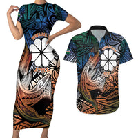 Personalised Kwajalein Atoll Couples Matching Short Sleeve Bodycon Dress and Hawaiian Shirt Polynesian Shark Tattoo Gradient Vibes LT14 Black - Polynesian Pride