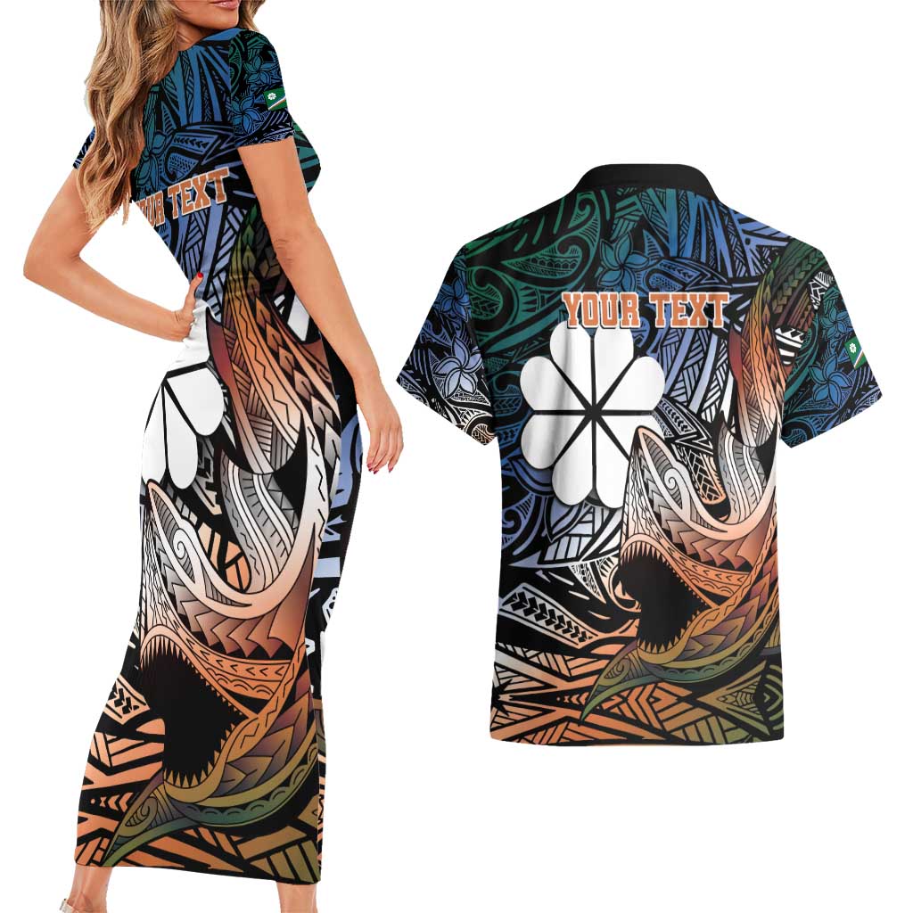 Personalised Kwajalein Atoll Couples Matching Short Sleeve Bodycon Dress and Hawaiian Shirt Polynesian Shark Tattoo Gradient Vibes LT14 - Polynesian Pride