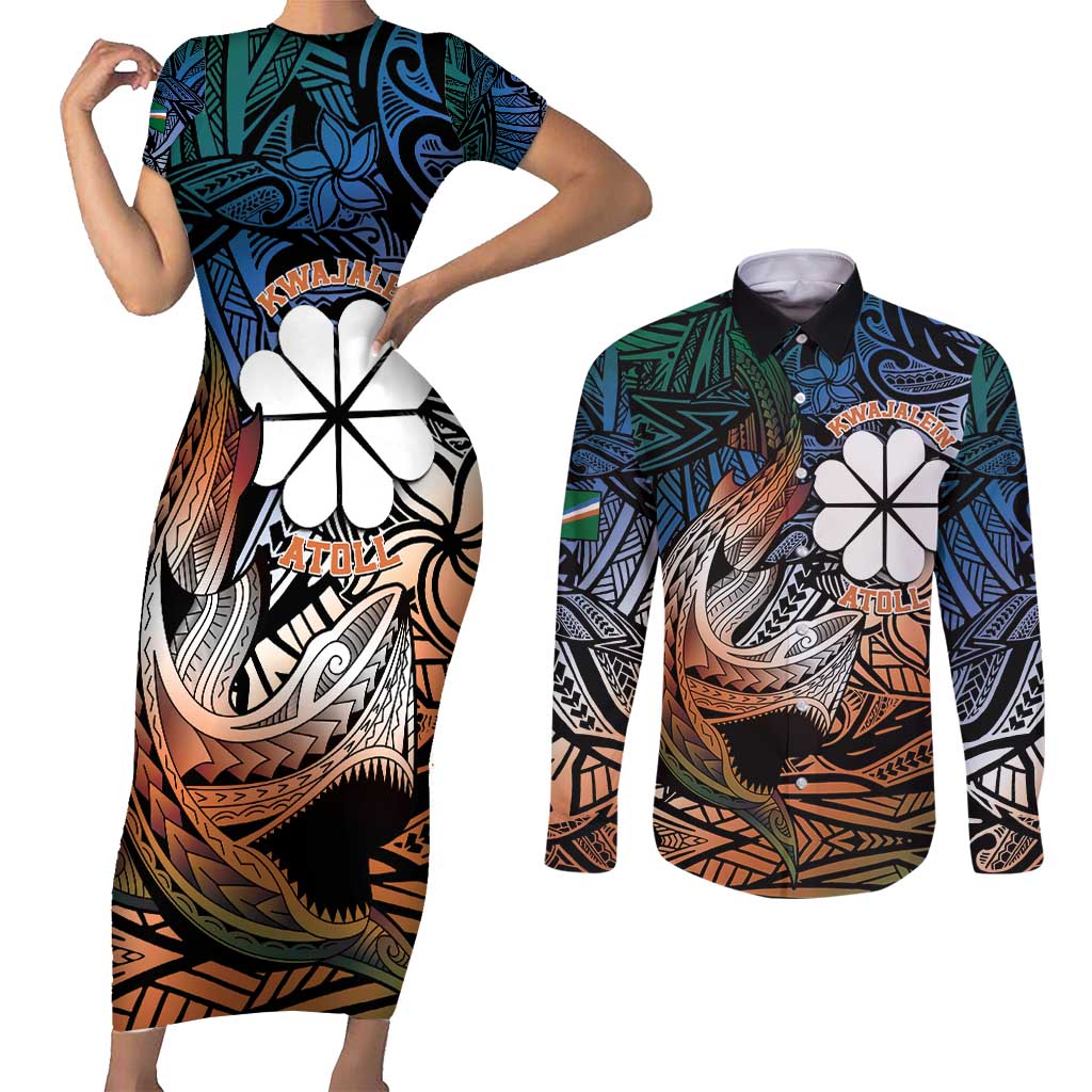 Personalised Kwajalein Atoll Couples Matching Short Sleeve Bodycon Dress and Long Sleeve Button Shirt Polynesian Shark Tattoo Gradient Vibes LT14 Black - Polynesian Pride