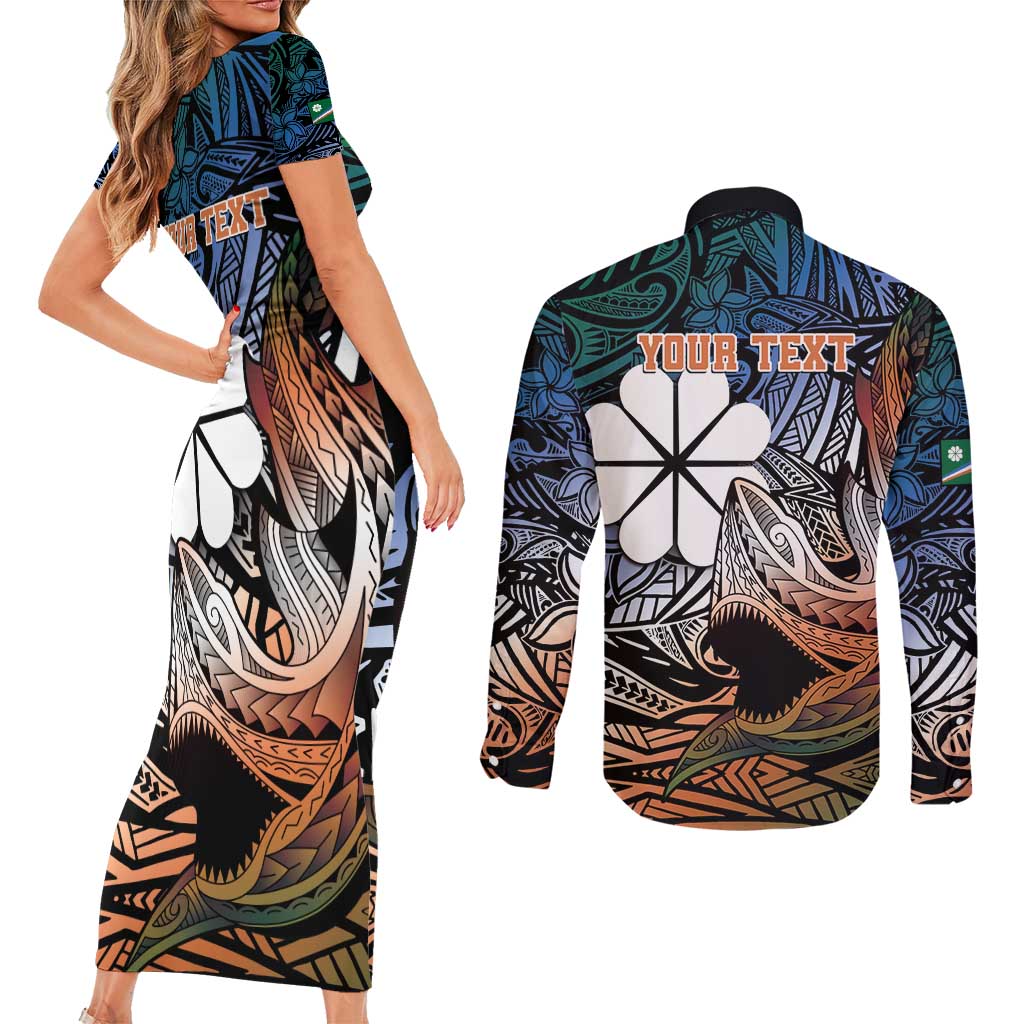 Personalised Kwajalein Atoll Couples Matching Short Sleeve Bodycon Dress and Long Sleeve Button Shirt Polynesian Shark Tattoo Gradient Vibes LT14 - Polynesian Pride