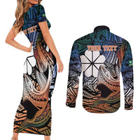 Personalised Kwajalein Atoll Couples Matching Short Sleeve Bodycon Dress and Long Sleeve Button Shirt Polynesian Shark Tattoo Gradient Vibes LT14 - Polynesian Pride