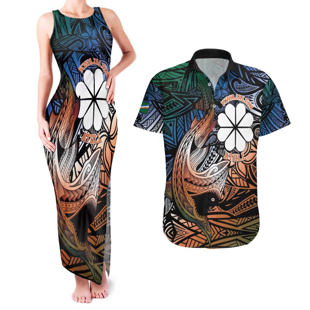 Personalised Kwajalein Atoll Couples Matching Tank Maxi Dress and Hawaiian Shirt Polynesian Shark Tattoo Gradient Vibes LT14 Black - Polynesian Pride