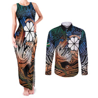 Personalised Kwajalein Atoll Couples Matching Tank Maxi Dress and Long Sleeve Button Shirt Polynesian Shark Tattoo Gradient Vibes LT14 Black - Polynesian Pride