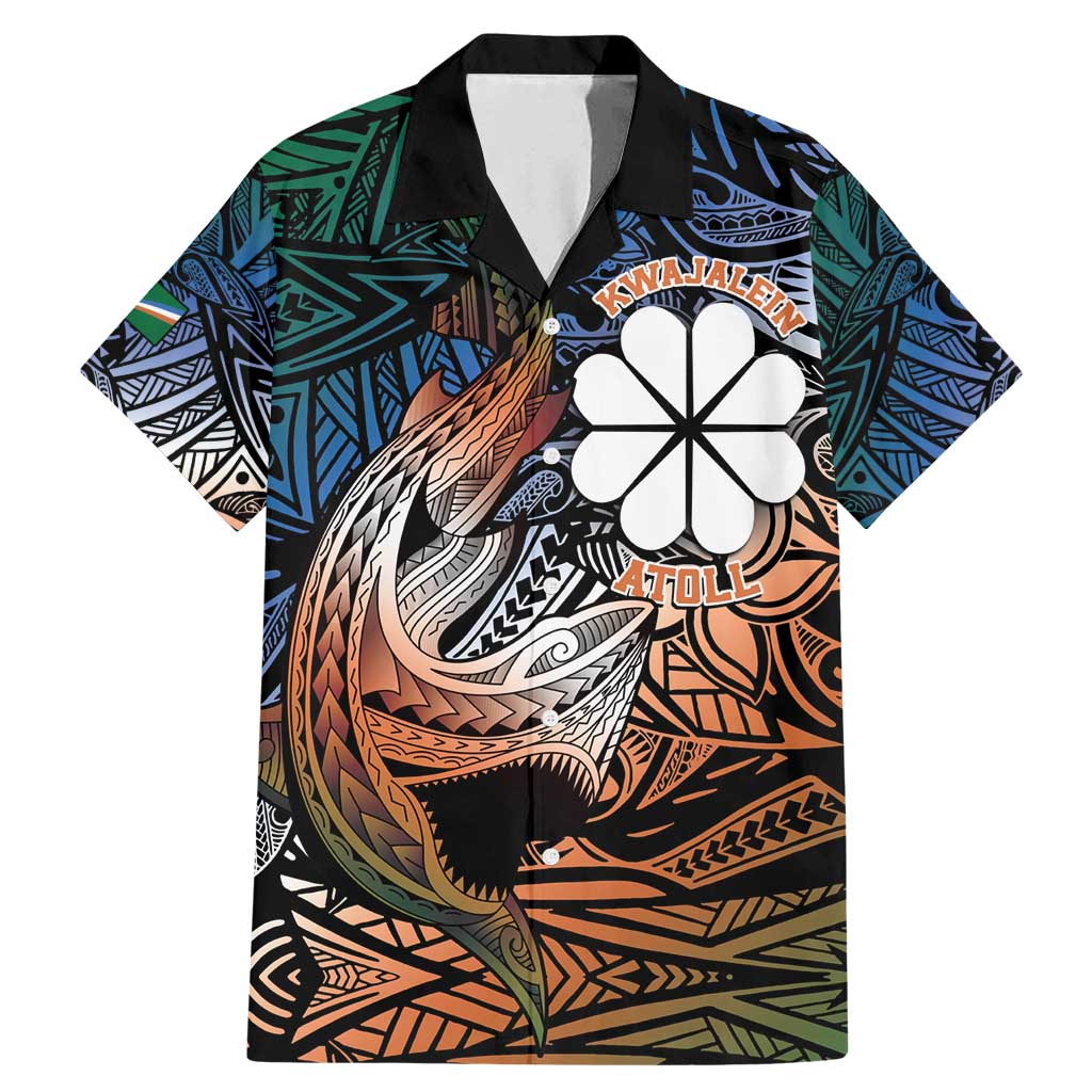 Personalised Kwajalein Atoll Family Matching Mermaid Dress and Hawaiian Shirt Polynesian Shark Tattoo Gradient Vibes LT14 Dad's Shirt - Short Sleeve Black - Polynesian Pride