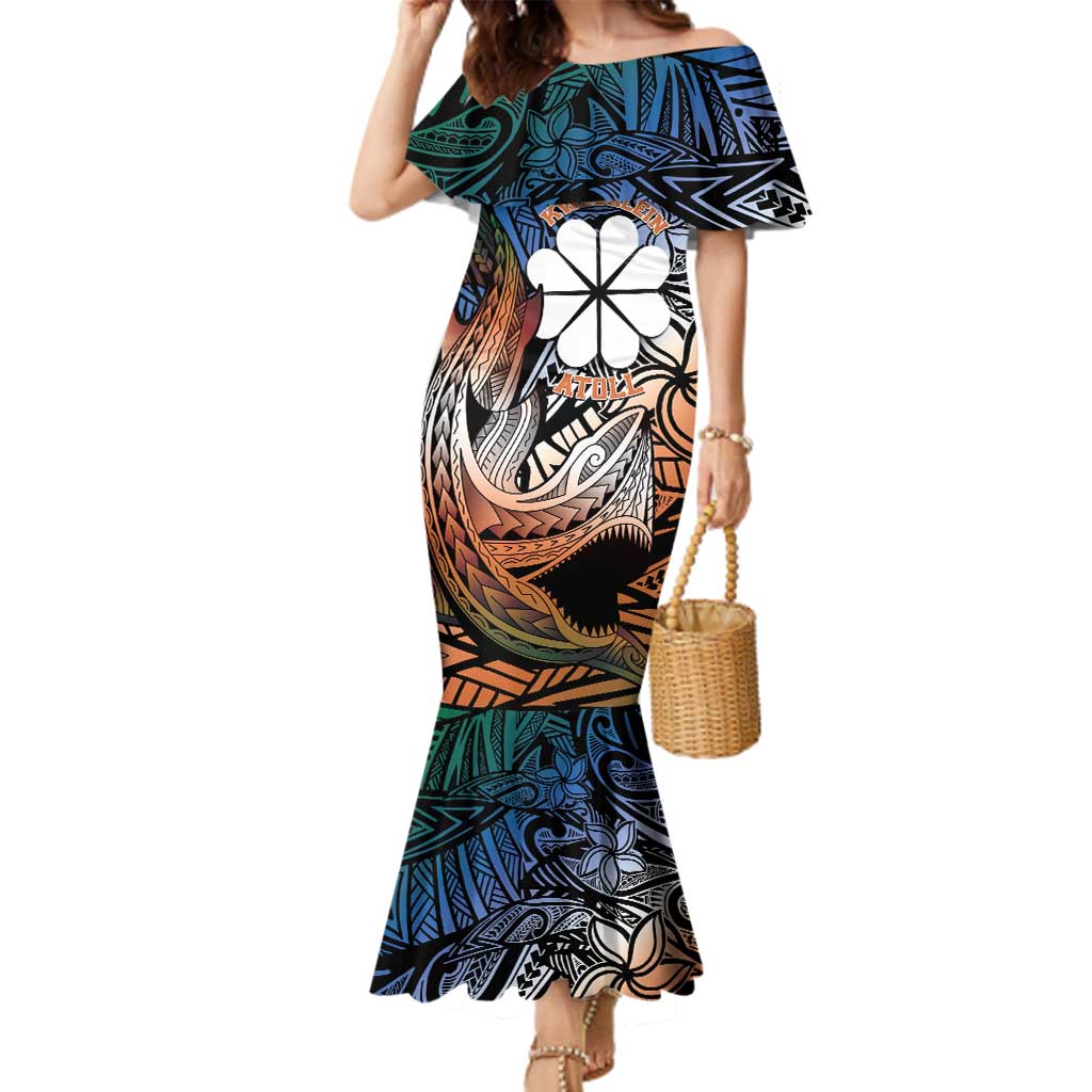 Personalised Kwajalein Atoll Family Matching Mermaid Dress and Hawaiian Shirt Polynesian Shark Tattoo Gradient Vibes LT14 Mom's Dress Black - Polynesian Pride