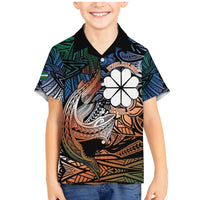 Personalised Kwajalein Atoll Family Matching Mermaid Dress and Hawaiian Shirt Polynesian Shark Tattoo Gradient Vibes LT14 Son's Shirt Black - Polynesian Pride
