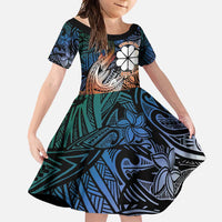 Personalised Kwajalein Atoll Family Matching Off Shoulder Maxi Dress and Hawaiian Shirt Polynesian Shark Tattoo Gradient Vibes LT14 Daughter's Dress Black - Polynesian Pride