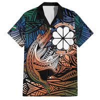 Personalised Kwajalein Atoll Family Matching Off Shoulder Short Dress and Hawaiian Shirt Polynesian Shark Tattoo Gradient Vibes LT14 Dad's Shirt - Short Sleeve Black - Polynesian Pride