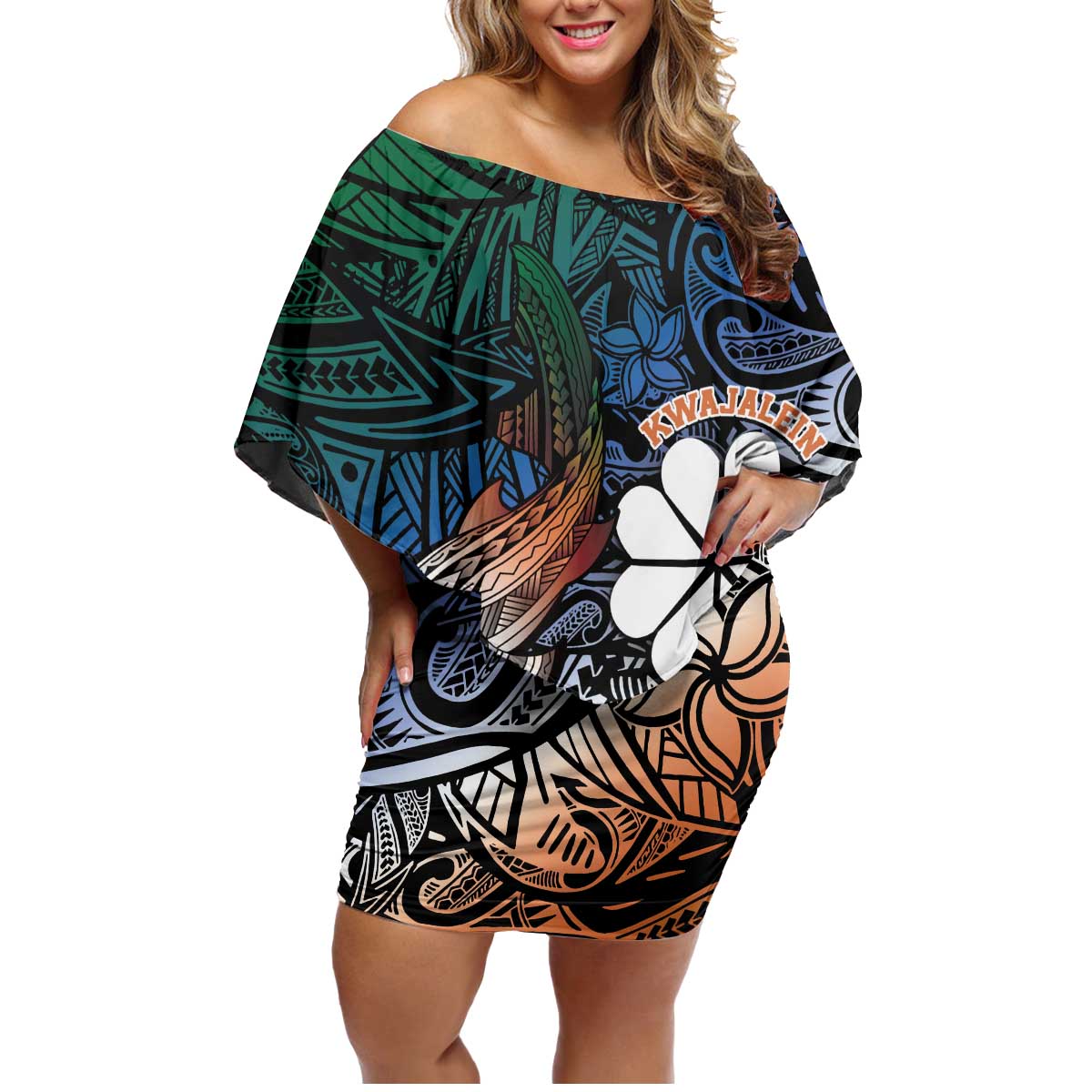 Personalised Kwajalein Atoll Family Matching Off Shoulder Short Dress and Hawaiian Shirt Polynesian Shark Tattoo Gradient Vibes LT14 Mom's Dress Black - Polynesian Pride