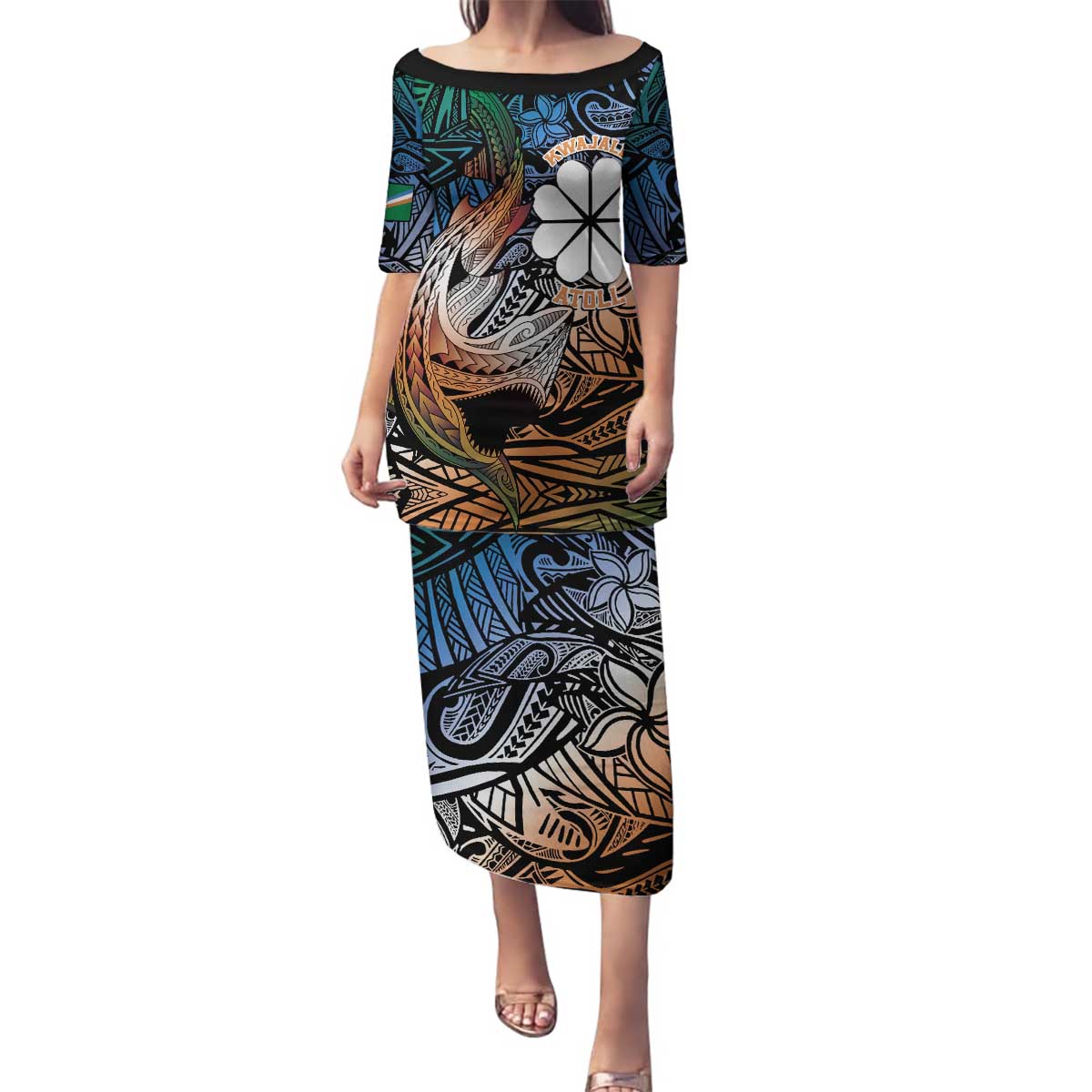Personalised Kwajalein Atoll Family Matching Puletasi and Hawaiian Shirt Polynesian Shark Tattoo Gradient Vibes LT14 Mom's Dress Black - Polynesian Pride