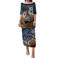 Personalised Kwajalein Atoll Family Matching Puletasi and Hawaiian Shirt Polynesian Shark Tattoo Gradient Vibes LT14 Mom's Dress Black - Polynesian Pride