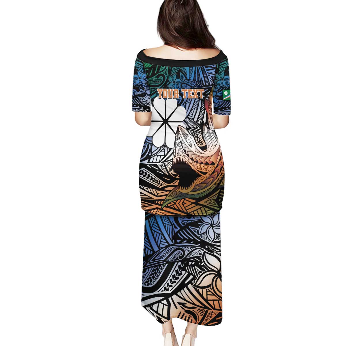 Personalised Kwajalein Atoll Family Matching Puletasi and Hawaiian Shirt Polynesian Shark Tattoo Gradient Vibes LT14 - Polynesian Pride