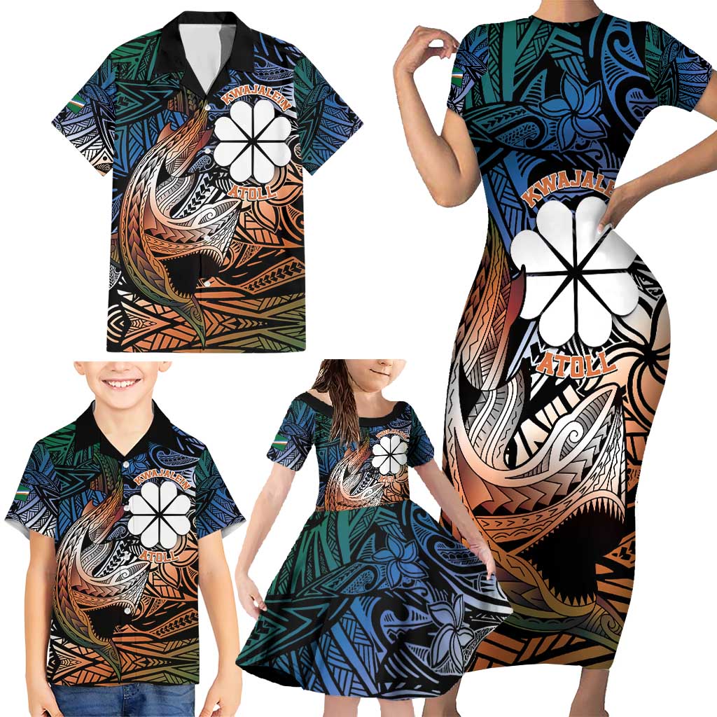 Personalised Kwajalein Atoll Family Matching Short Sleeve Bodycon Dress and Hawaiian Shirt Polynesian Shark Tattoo Gradient Vibes LT14 - Polynesian Pride