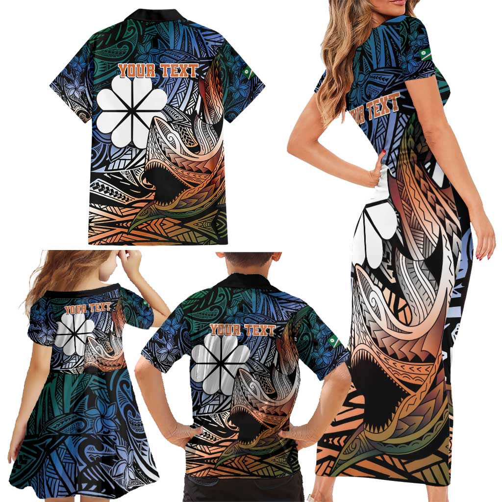 Personalised Kwajalein Atoll Family Matching Short Sleeve Bodycon Dress and Hawaiian Shirt Polynesian Shark Tattoo Gradient Vibes LT14 - Polynesian Pride