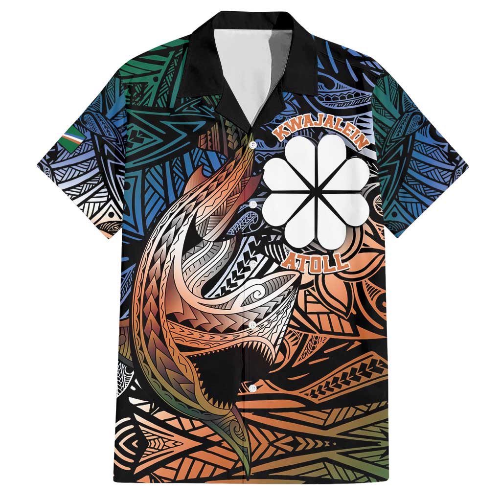 Personalised Kwajalein Atoll Family Matching Short Sleeve Bodycon Dress and Hawaiian Shirt Polynesian Shark Tattoo Gradient Vibes LT14 Dad's Shirt - Short Sleeve Black - Polynesian Pride