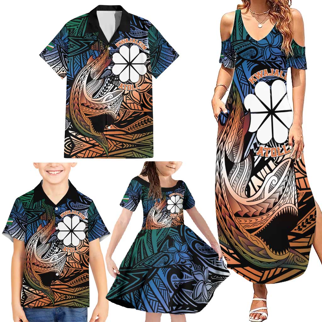 Personalised Kwajalein Atoll Family Matching Summer Maxi Dress and Hawaiian Shirt Polynesian Shark Tattoo Gradient Vibes LT14 - Polynesian Pride