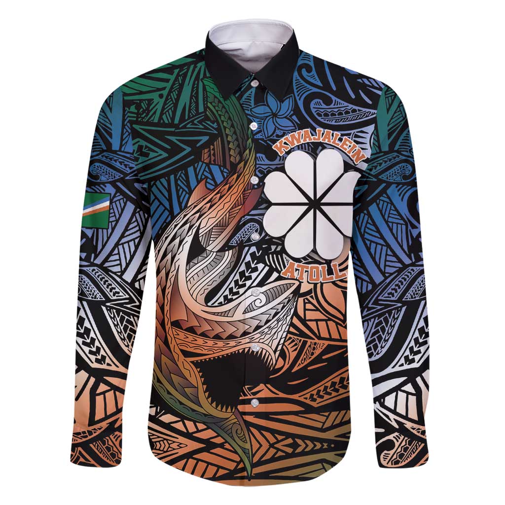 Personalised Kwajalein Atoll Family Matching Tank Maxi Dress and Hawaiian Shirt Polynesian Shark Tattoo Gradient Vibes LT14 Dad's Shirt - Long Sleeve Black - Polynesian Pride