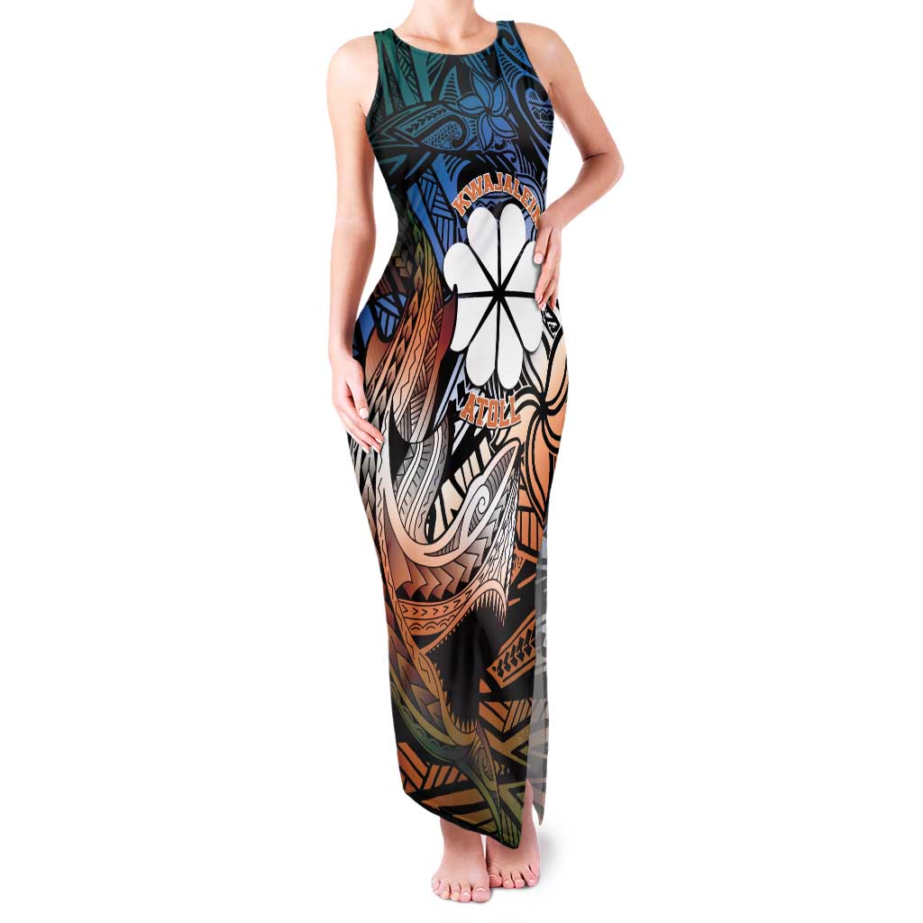 Personalised Kwajalein Atoll Family Matching Tank Maxi Dress and Hawaiian Shirt Polynesian Shark Tattoo Gradient Vibes LT14 Mom's Dress Black - Polynesian Pride