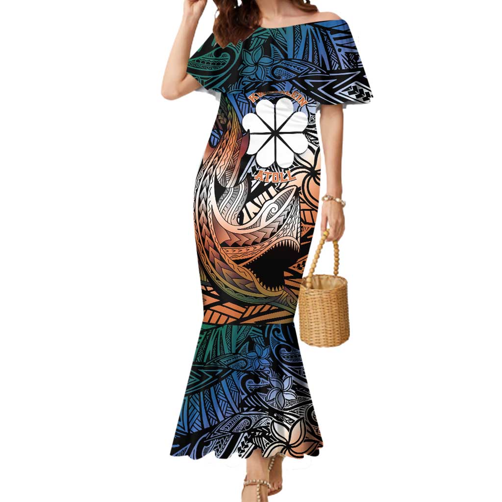 Personalised Kwajalein Atoll Mermaid Dress Polynesian Shark Tattoo Gradient Vibes LT14 Women Black - Polynesian Pride