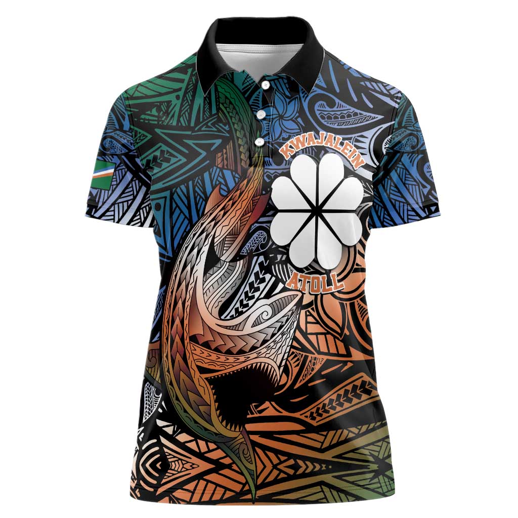 Personalised Kwajalein Atoll Women Polo Shirt Polynesian Shark Tattoo Gradient Vibes