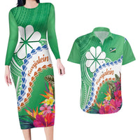 Marshall Islands Kwajalein Atoll Couples Matching Long Sleeve Bodycon Dress and Hawaiian Shirt Curves Polynesian Mix Tropical Flowers LT14 Green - Polynesian Pride