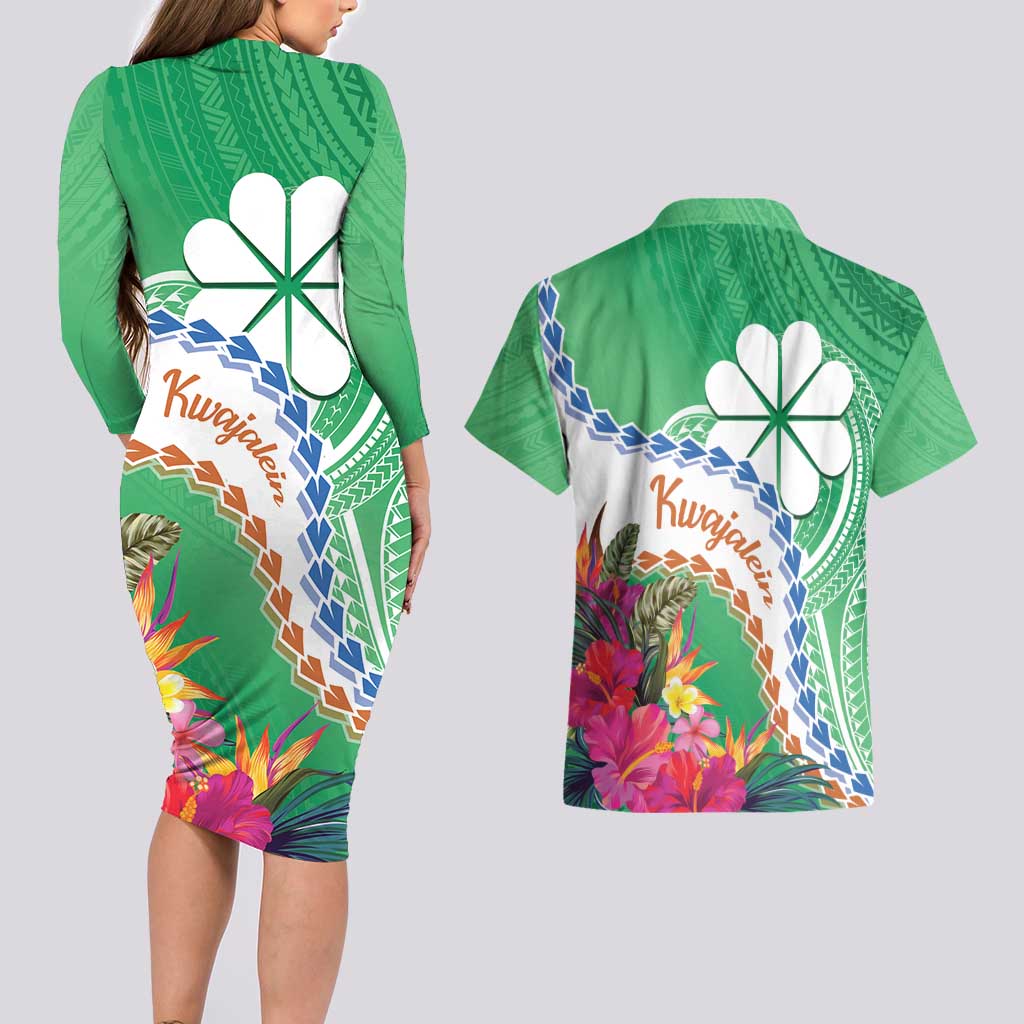 Marshall Islands Kwajalein Atoll Couples Matching Long Sleeve Bodycon Dress and Hawaiian Shirt Curves Polynesian Mix Tropical Flowers LT14 - Polynesian Pride