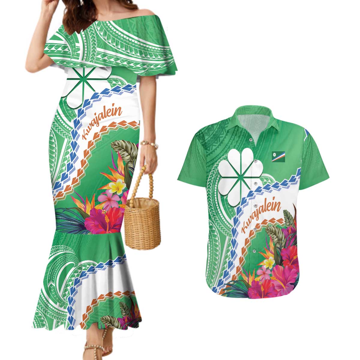 Marshall Islands Kwajalein Atoll Couples Matching Mermaid Dress and Hawaiian Shirt Curves Polynesian Mix Tropical Flowers LT14 Green - Polynesian Pride