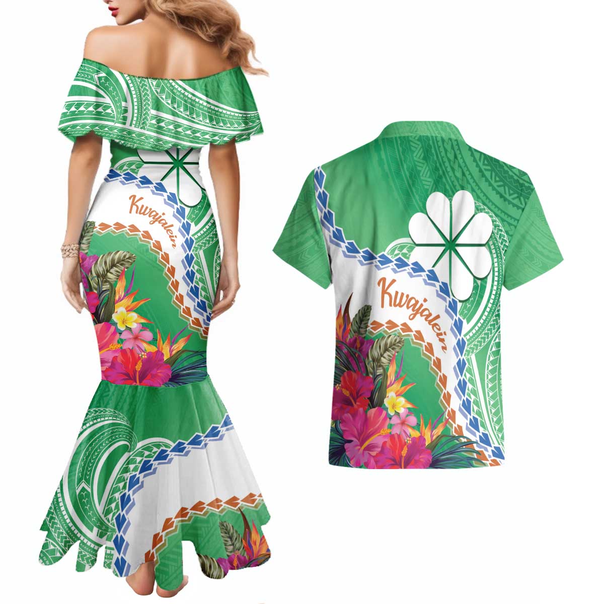 Marshall Islands Kwajalein Atoll Couples Matching Mermaid Dress and Hawaiian Shirt Curves Polynesian Mix Tropical Flowers LT14 - Polynesian Pride