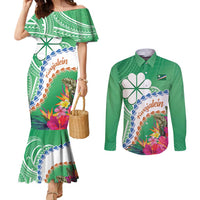 Marshall Islands Kwajalein Atoll Couples Matching Mermaid Dress and Long Sleeve Button Shirt Curves Polynesian Mix Tropical Flowers LT14 Green - Polynesian Pride