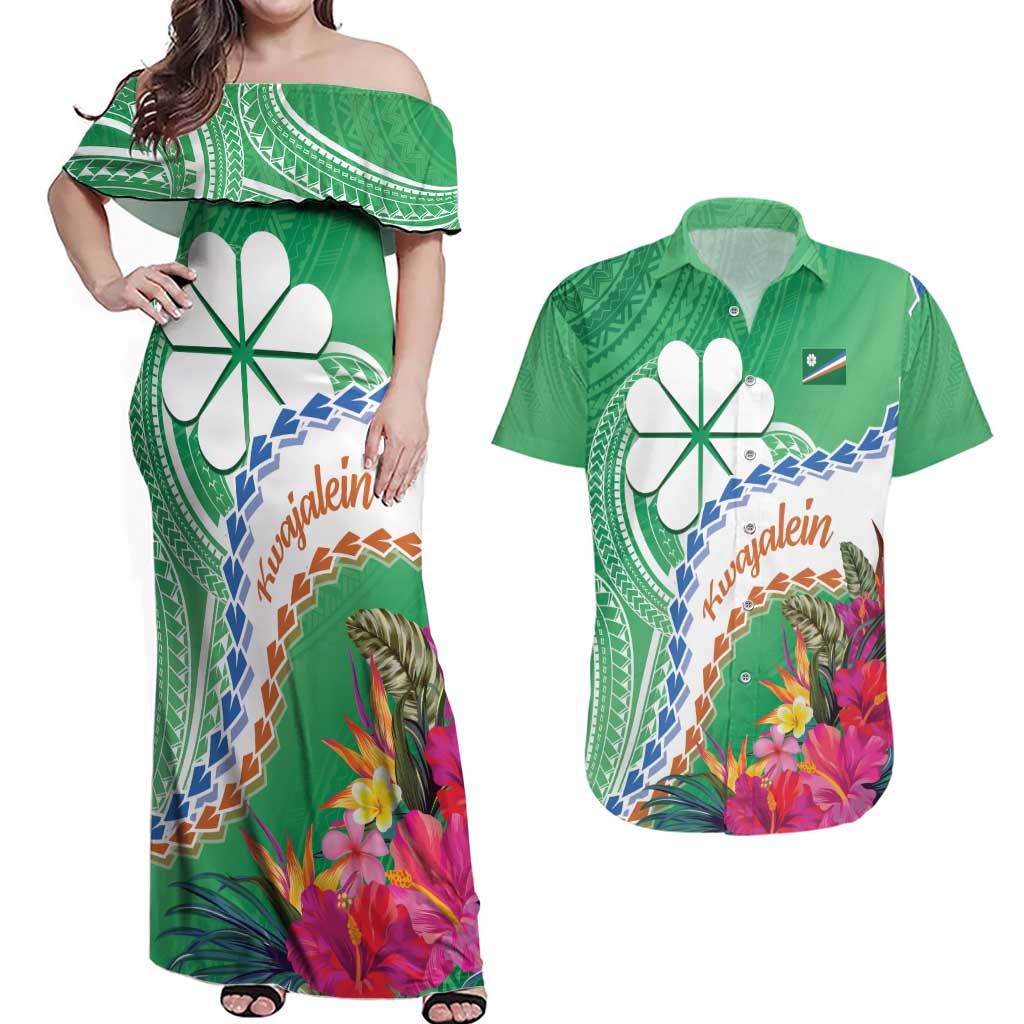 Marshall Islands Kwajalein Atoll Couples Matching Off Shoulder Maxi Dress and Hawaiian Shirt Curves Polynesian Mix Tropical Flowers LT14 Green - Polynesian Pride