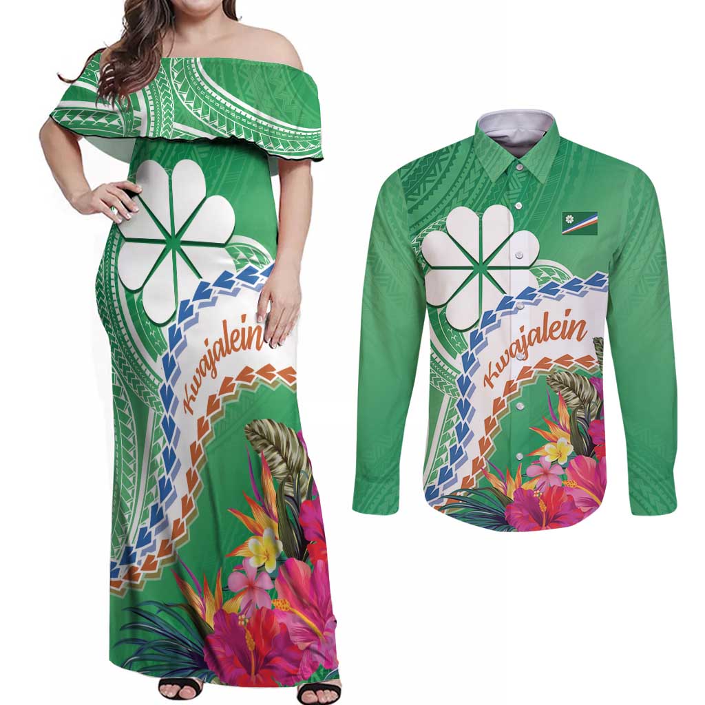 Marshall Islands Kwajalein Atoll Couples Matching Off Shoulder Maxi Dress and Long Sleeve Button Shirt Curves Polynesian Mix Tropical Flowers LT14 Green - Polynesian Pride