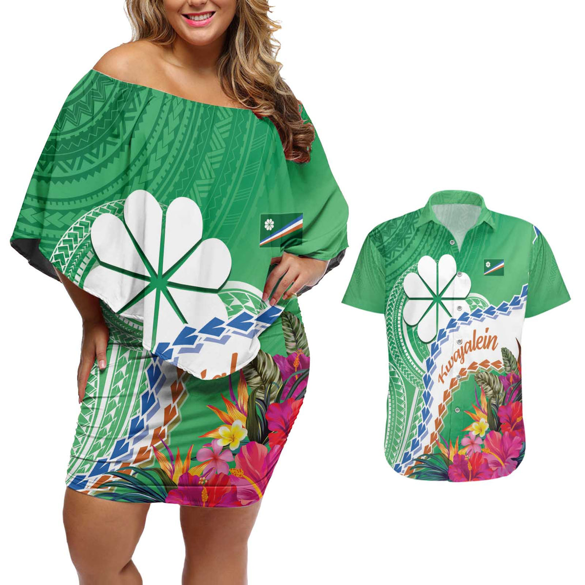 Marshall Islands Kwajalein Atoll Couples Matching Off Shoulder Short Dress and Hawaiian Shirt Curves Polynesian Mix Tropical Flowers LT14 Green - Polynesian Pride