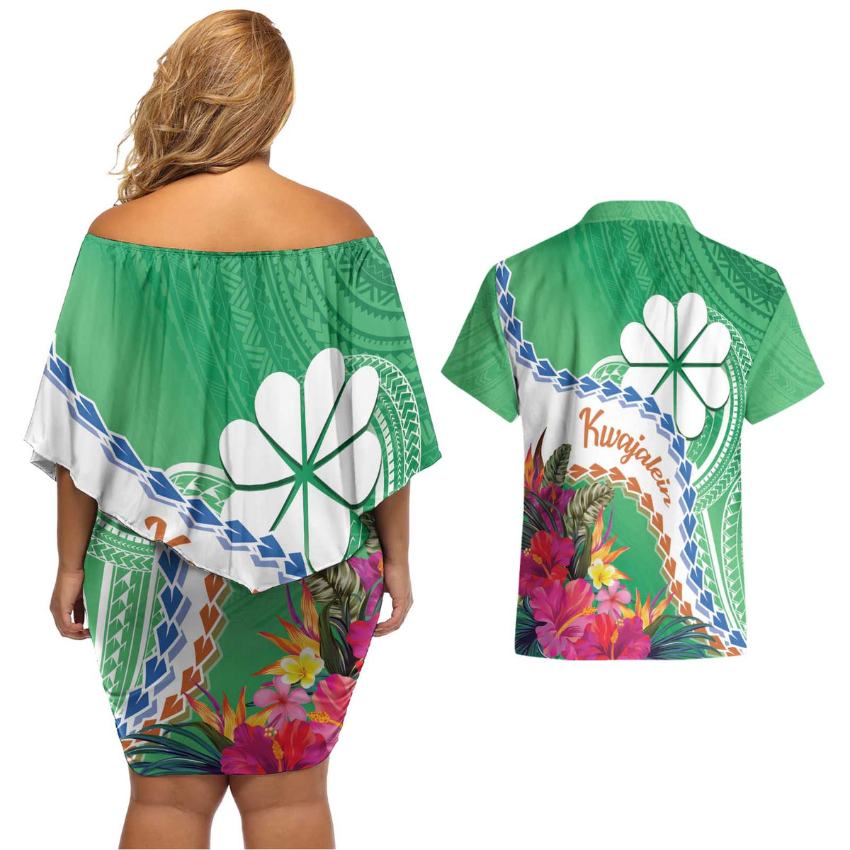 Marshall Islands Kwajalein Atoll Couples Matching Off Shoulder Short Dress and Hawaiian Shirt Curves Polynesian Mix Tropical Flowers LT14 - Polynesian Pride