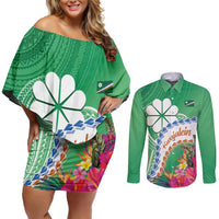 Marshall Islands Kwajalein Atoll Couples Matching Off Shoulder Short Dress and Long Sleeve Button Shirt Curves Polynesian Mix Tropical Flowers LT14 Green - Polynesian Pride
