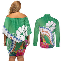 Marshall Islands Kwajalein Atoll Couples Matching Off Shoulder Short Dress and Long Sleeve Button Shirt Curves Polynesian Mix Tropical Flowers LT14 - Polynesian Pride