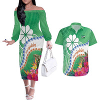 Marshall Islands Kwajalein Atoll Couples Matching Off The Shoulder Long Sleeve Dress and Hawaiian Shirt Curves Polynesian Mix Tropical Flowers LT14 Green - Polynesian Pride