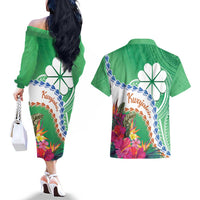 Marshall Islands Kwajalein Atoll Couples Matching Off The Shoulder Long Sleeve Dress and Hawaiian Shirt Curves Polynesian Mix Tropical Flowers LT14 - Polynesian Pride