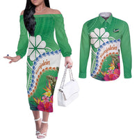 Marshall Islands Kwajalein Atoll Couples Matching Off The Shoulder Long Sleeve Dress and Long Sleeve Button Shirt Curves Polynesian Mix Tropical Flowers LT14 Green - Polynesian Pride