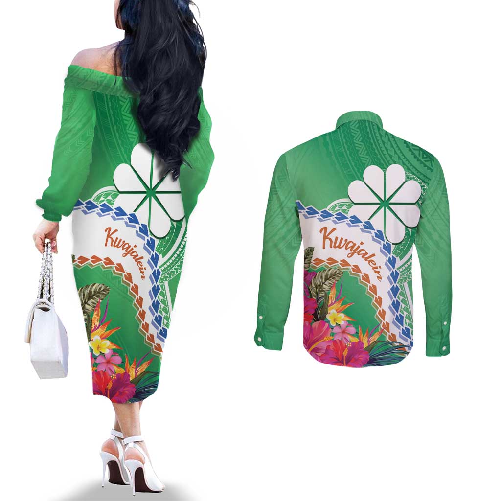 Marshall Islands Kwajalein Atoll Couples Matching Off The Shoulder Long Sleeve Dress and Long Sleeve Button Shirt Curves Polynesian Mix Tropical Flowers LT14 - Polynesian Pride