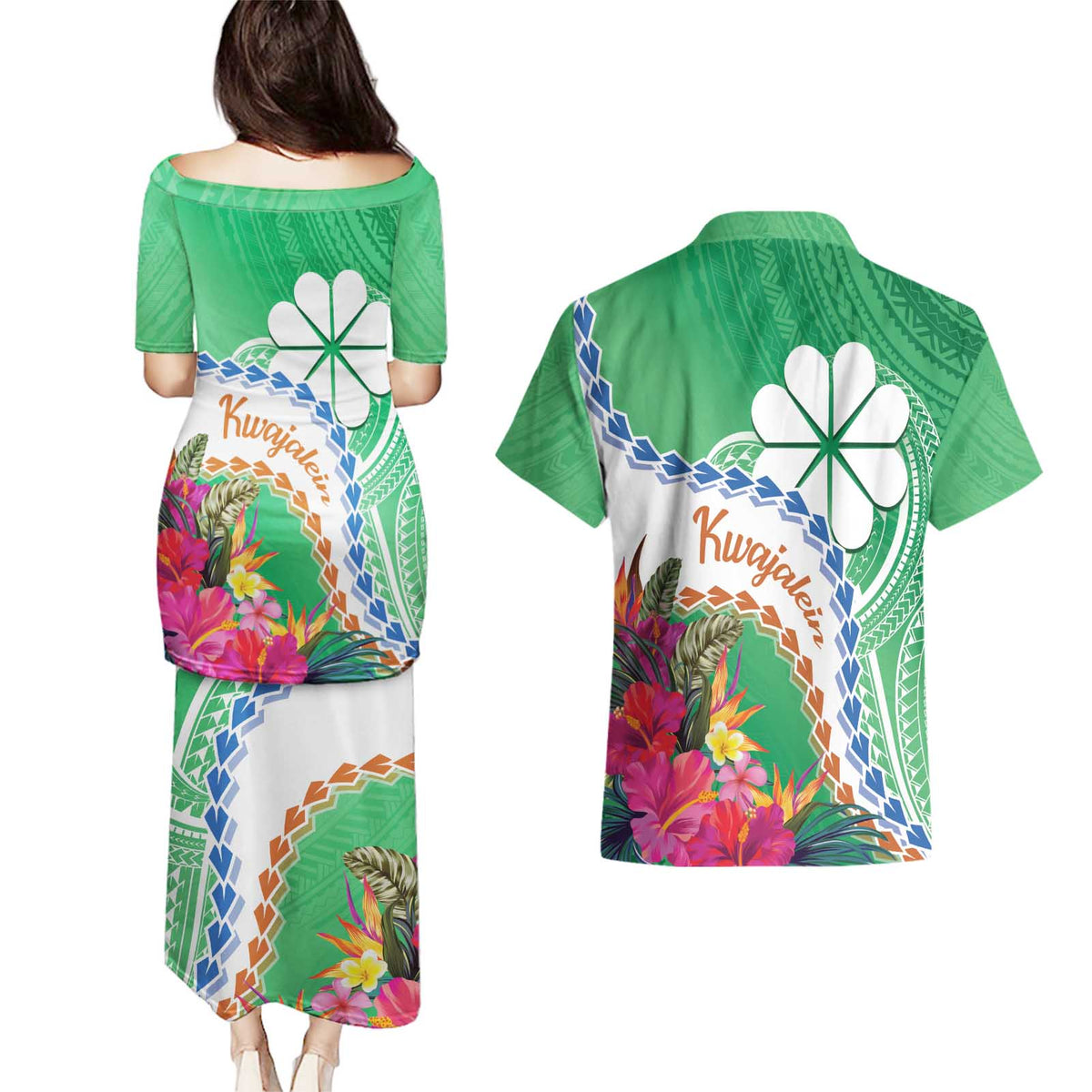 Marshall Islands Kwajalein Atoll Couples Matching Puletasi and Hawaiian Shirt Curves Polynesian Mix Tropical Flowers LT14 - Polynesian Pride